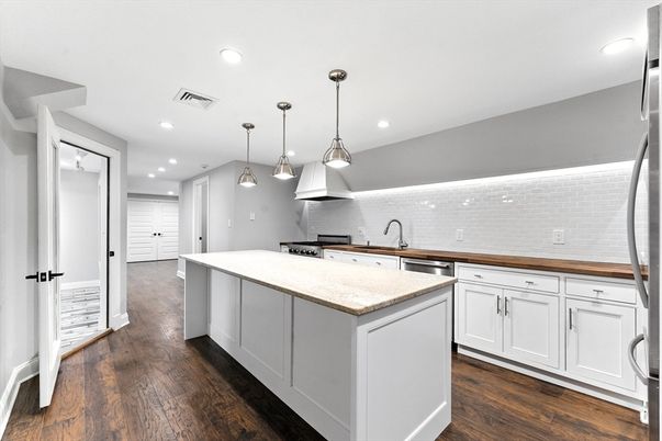 Interior, Kitchen, Pendant Lights, Recessed Lighting, Stainless Steel Appliances, Wood Texture Flooring
