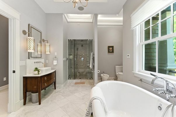 Bathroom, Free Standing Baths, Glass Shower, Interior, Marble, Recessed Lighting