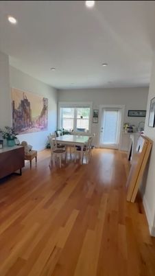 Dining room, Interior, Living room, Recessed Lighting, Wood Texture Flooring