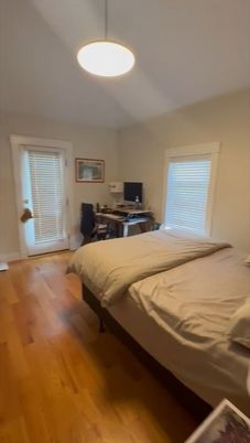 Bedroom, Interior, Pendant Lights, Wood Texture Flooring