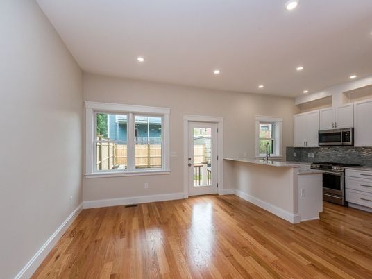 Empty room, Interior, Kitchen, Recessed Lighting, Wood Texture Flooring