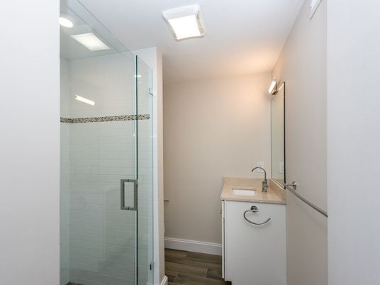 Bathroom, Glass Shower, Interior, Recessed Lighting, Wood Texture Flooring
