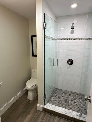 Bathroom, Glass Shower, Interior, Recessed Lighting, Wood Texture Flooring