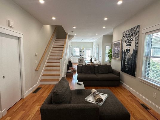 Dining room, Interior, Living room, Pendant Lights, Recessed Lighting, Wood Texture Flooring