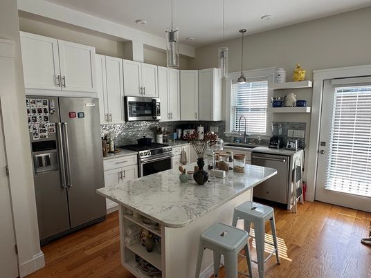 Interior, Kitchen, Pendant Lights, Recessed Lighting, Stainless Steel Appliances, Wood Texture Flooring