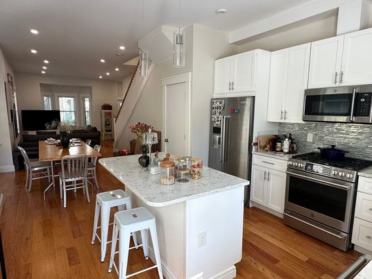 Dining room, Interior, Kitchen, Recessed Lighting, Stainless Steel Appliances, Wood Texture Flooring