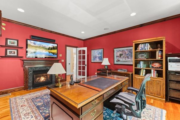 Fireplace, Home Office, Interior, Recessed Lighting, Wood Texture Flooring