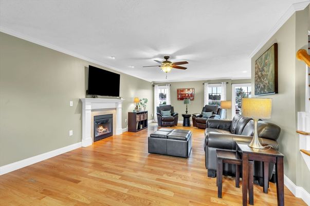 Fireplace, Interior, Living room, Recessed Lighting, Wood Texture Flooring