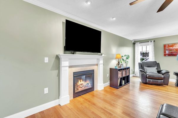 Fireplace, Interior, Recessed Lighting, Wood Texture Flooring