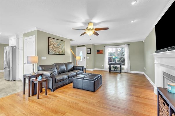 Fireplace, Interior, Kitchen, Living room, Recessed Lighting, Wood Texture Flooring