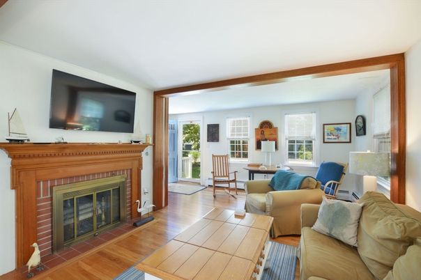 Dining room, Fireplace, Interior, Living room, Wood Texture Flooring