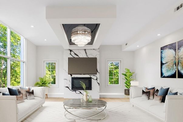 Chandelier, Fireplace, Interior, Living room, Recessed Lighting, Wood Texture Flooring