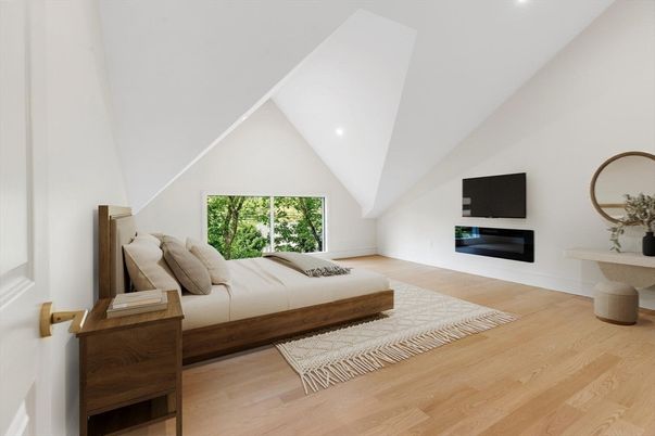 Bedroom, Fireplace, Interior, Recessed Lighting, Wood Texture Flooring