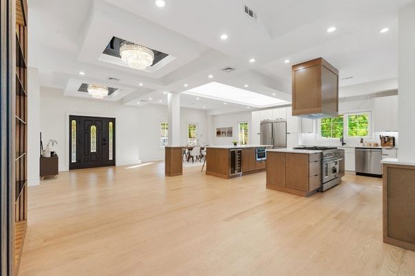 Chandelier, Interior, Kitchen, Recessed Lighting, Stainless Steel Appliances, Wood Texture Flooring