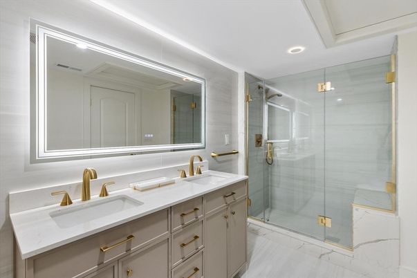 Bathroom, Dual Sink Vanities, Glass Shower, Interior, Marble, Recessed Lighting