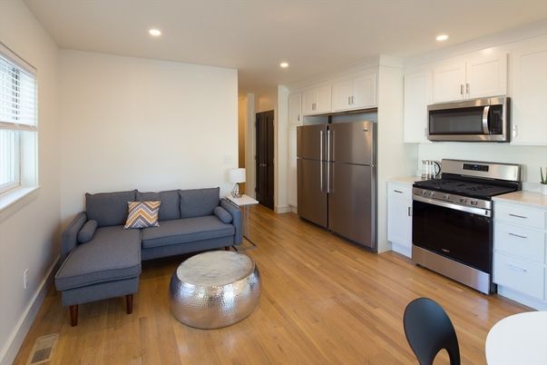 Interior, Kitchen, Living room, Recessed Lighting, Stainless Steel Appliances, Wood Texture Flooring