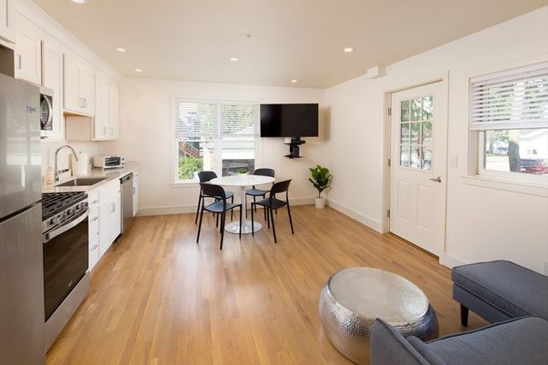 Dining room, Interior, Kitchen, Recessed Lighting, Stainless Steel Appliances, Wood Texture Flooring