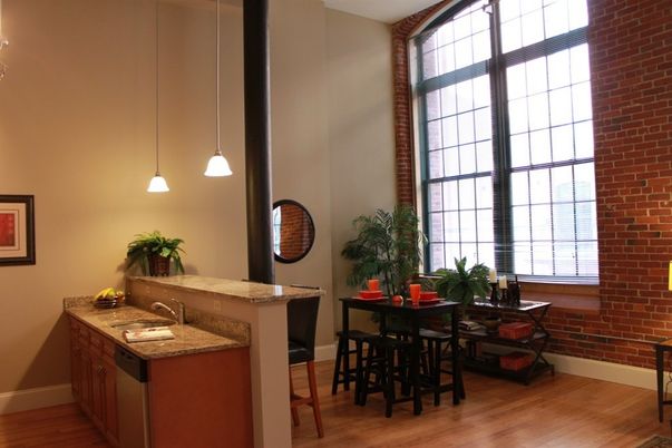 Dining room, Interior, Pendant Lights, Stone Walls, Wood Texture Flooring