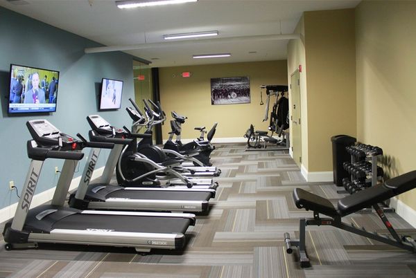Fitness Equipment, Gym, Interior, Recessed Lighting, Wood Texture Flooring