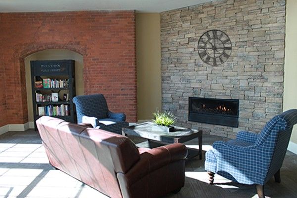 Fireplace, Interior, Living room, Recessed Lighting, Stone Walls
