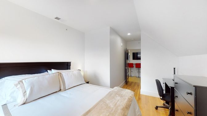 Bedroom, Interior, Recessed Lighting, Wood Texture Flooring