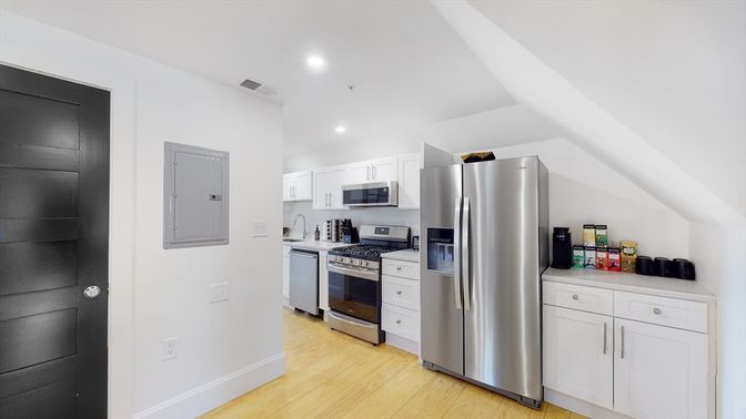 Interior, Kitchen, Recessed Lighting, Stainless Steel Appliances, Wood Texture Flooring