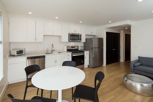 Dining room, Interior, Kitchen, Recessed Lighting, Stainless Steel Appliances, Wood Texture Flooring