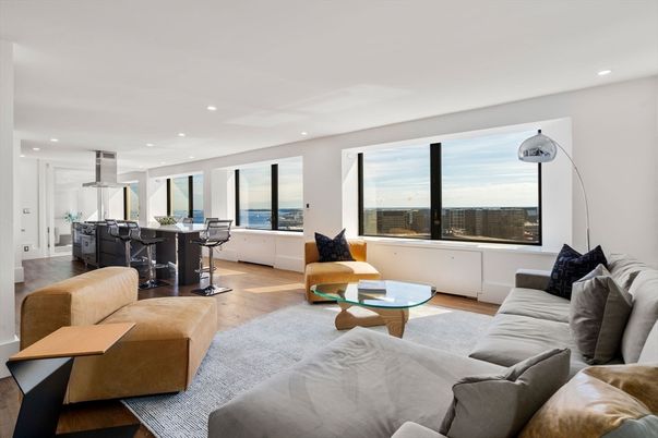 Dining room, Interior, Living room, Pendant Lights, Recessed Lighting, Water, Wood Texture Flooring