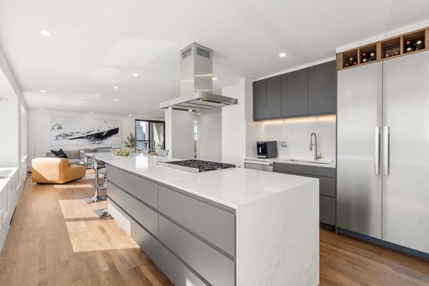 Interior, Kitchen, Living room, Recessed Lighting, Stainless Steel Appliances, Wood Texture Flooring