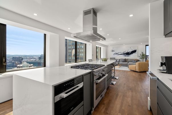 Interior, Kitchen, Living room, Recessed Lighting, Stainless Steel Appliances, Wood Texture Flooring