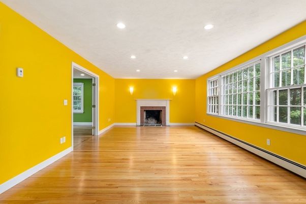 Empty room, Fireplace, Interior, Recessed Lighting, Wood Texture Flooring