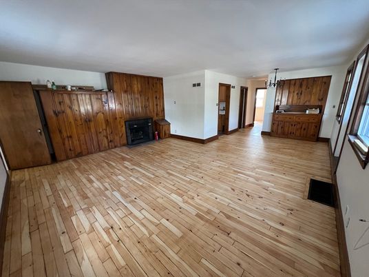 Empty room, Fireplace, Interior, Pendant Lights, Wood Texture Flooring, Wooden Walls