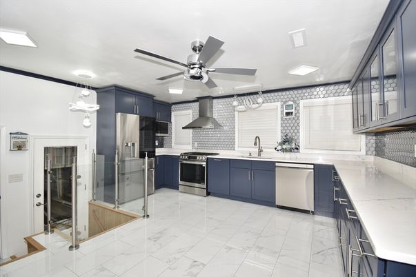 Interior, Kitchen, Marble, Pendant Lights, Recessed Lighting, Stainless Steel Appliances