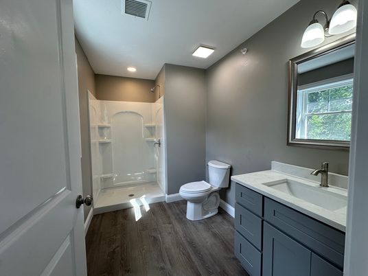 Bathroom, Interior, Recessed Lighting, Wood Texture Flooring