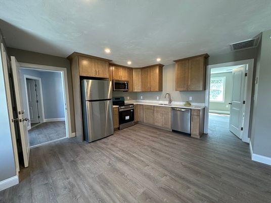 Interior, Kitchen, Recessed Lighting, Stainless Steel Appliances, Wood Texture Flooring