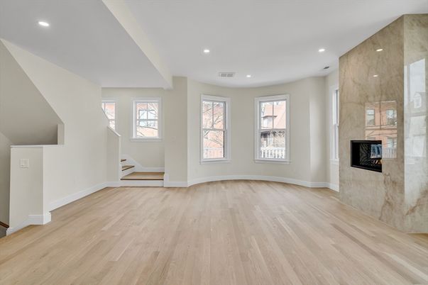 Empty room, Fireplace, Interior, Recessed Lighting, Wood Texture Flooring
