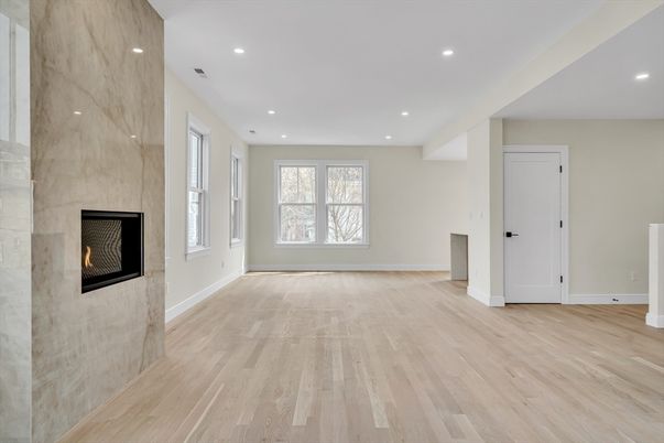 Empty room, Fireplace, Interior, Recessed Lighting, Wood Texture Flooring