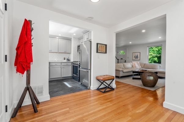 Interior, Kitchen, Living room, Recessed Lighting, Stainless Steel Appliances, Wood Texture Flooring