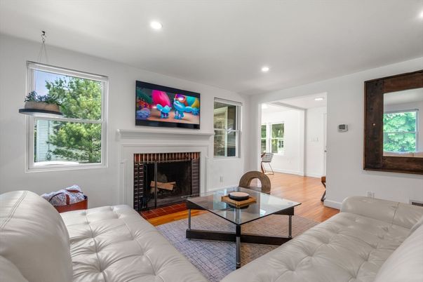 Fireplace, Interior, Living room, Recessed Lighting, Wood Texture Flooring
