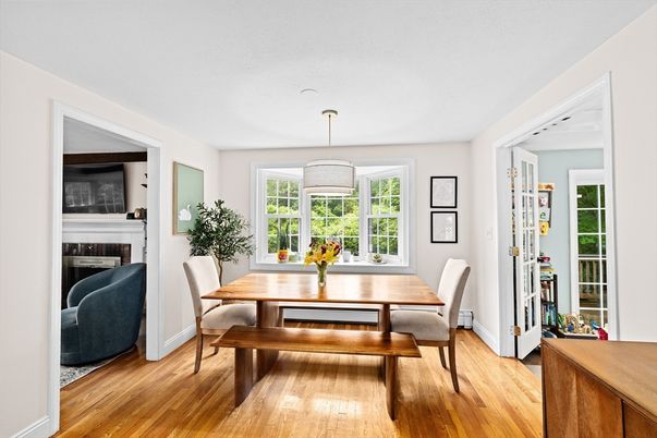 Dining room, Fireplace, Interior, Wood Texture Flooring
