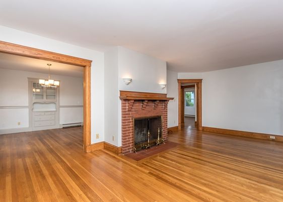 Chandelier, Empty room, Fireplace, Interior, Wood Texture Flooring