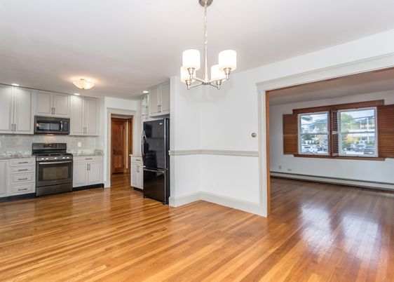 Chandelier, Interior, Kitchen, Stainless Steel Appliances, Wood Texture Flooring