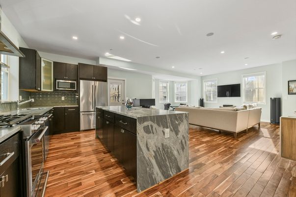 Interior, Kitchen, Living room, Recessed Lighting, Stainless Steel Appliances, Wood Texture Flooring