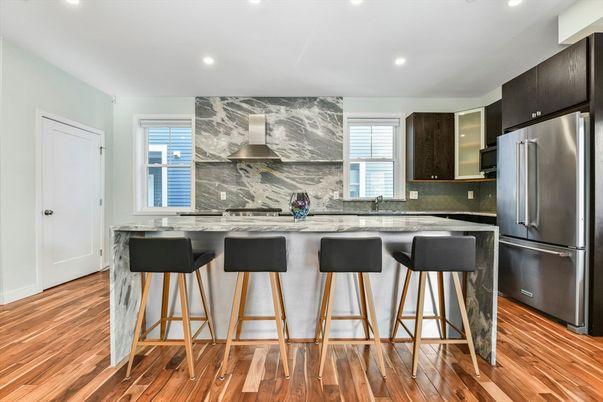 Interior, Kitchen, Marble Walls, Recessed Lighting, Wood Texture Flooring