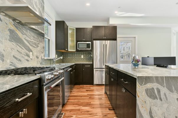 Interior, Kitchen, Recessed Lighting, Stainless Steel Appliances, Wood Texture Flooring