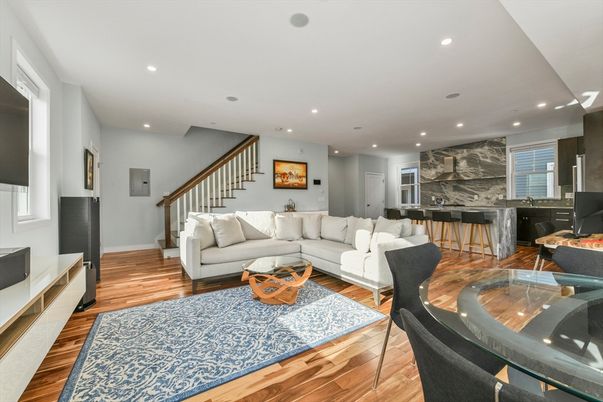 Dining room, Interior, Living room, Marble Walls, Recessed Lighting, Wood Texture Flooring