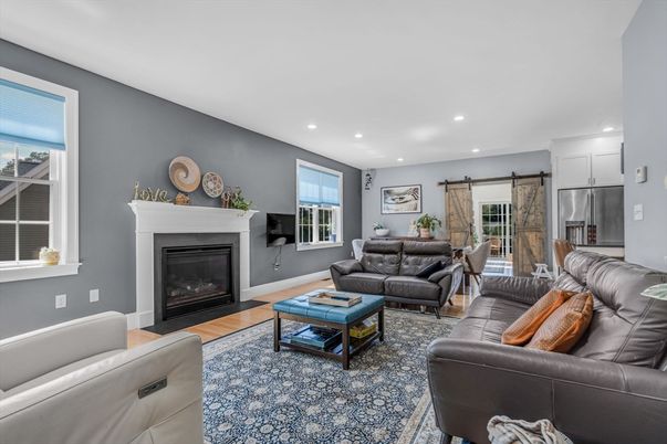 Fireplace, Interior, Living room, Recessed Lighting, Wood Texture Flooring