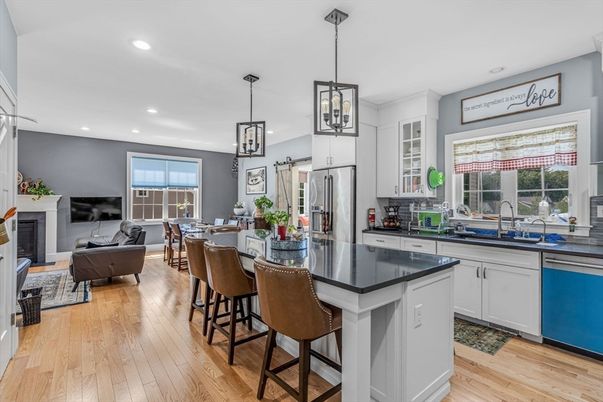 Dining room, Fireplace, Interior, Kitchen, Living room, Pendant Lights, Recessed Lighting, Wood Texture Flooring