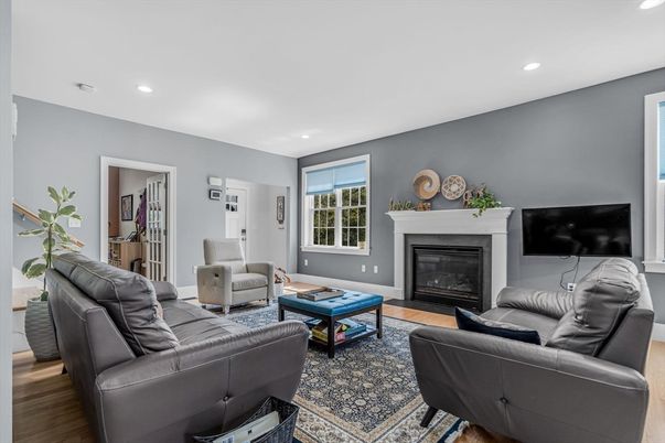 Fireplace, Interior, Living room, Recessed Lighting, Wood Texture Flooring