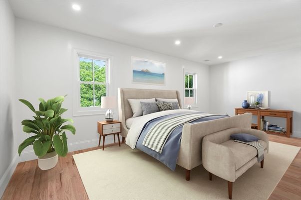 Bedroom, Interior, Recessed Lighting, Wood Texture Flooring